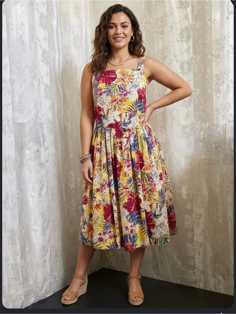 M&Co Vibrant Yellow Tropical Floral Sundress Size 16 US Palm Hibiscus Summer
